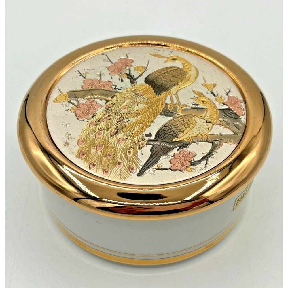 Dynasty The Art of Chokin Trinket Box & Lid Peacocks Edged in 24K‎ Gold White